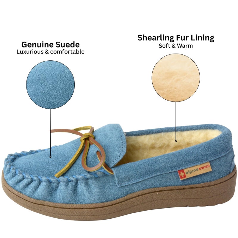 Alpine Swiss Sabine Womens Moccasin Slippers Genuine Suede House Shoe Memory Foam Insole Plush Faux Shearling Fur Indoor Outdoor Anti-Slip Rubber Sole BLU 8 - Image 3